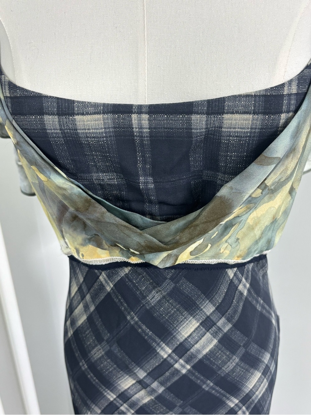 Zara Navy Plaid Maxi Dress with Olive Sheer Overlay - Picture 3 of 8